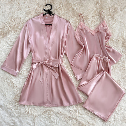 3-piece Pajama Set Autumn Winter Faux-silk Night Gown Bathrobe Sexy Ice-silk Camisole Pajama