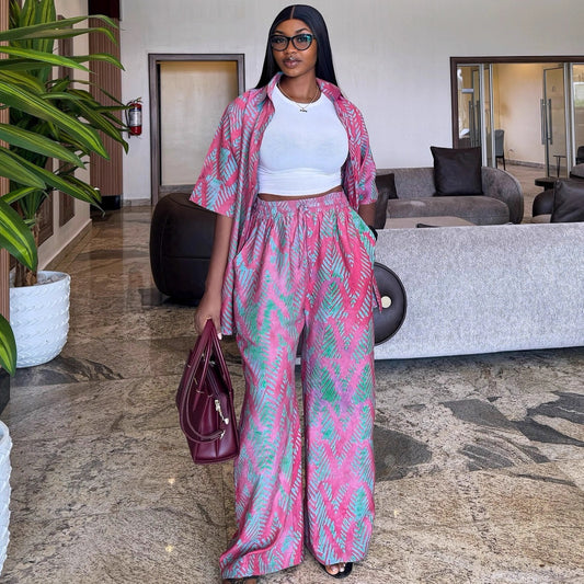 Lapel-collar Printed Shirt And High-waisted