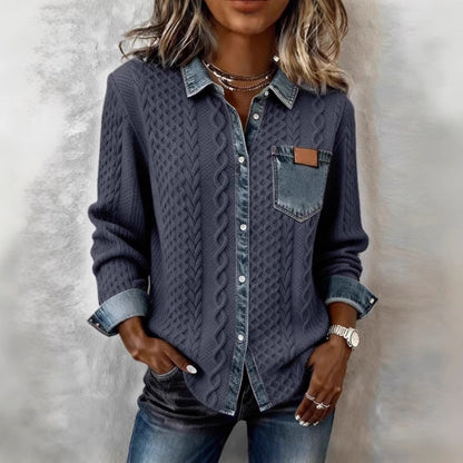 Stylish, Versatile Knitted Patchwork Denim Shirt For Women