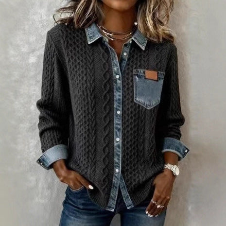 Stylish, Versatile Knitted Patchwork Denim Shirt For Women