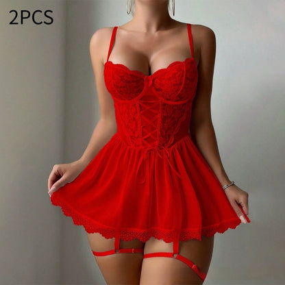 Lace Sheer Nightgown And Mesh Thong Set