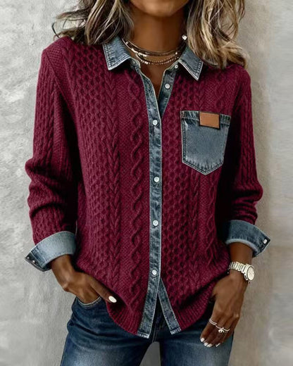 Stylish, Versatile Knitted Patchwork Denim Shirt For Women