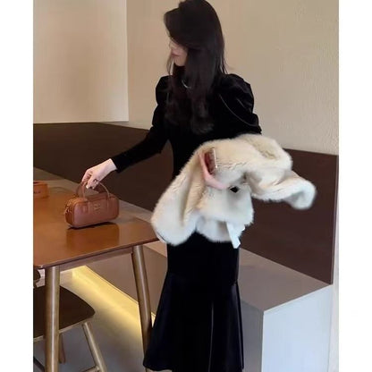 New Base-layer French-style Chic Korean Velvet Dress