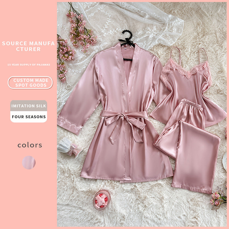 3-piece Pajama Set Autumn Winter Faux-silk Night Gown Bathrobe Sexy Ice-silk Camisole Pajama