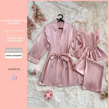 3-piece Pajama Set Autumn Winter Faux-silk Night Gown Bathrobe Sexy Ice-silk Camisole Pajama