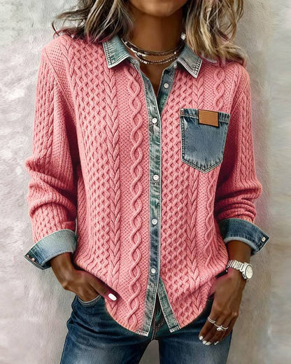 Stylish, Versatile Knitted Patchwork Denim Shirt For Women