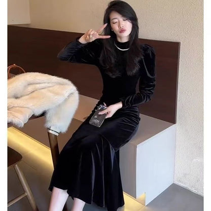 New Base-layer French-style Chic Korean Velvet Dress